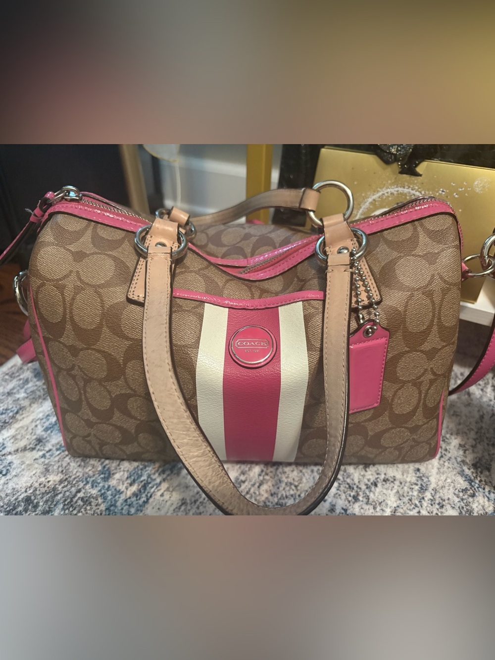 Coach Signature Stripe PVC Satchel Crossbody handbag Khaki/Mulberry